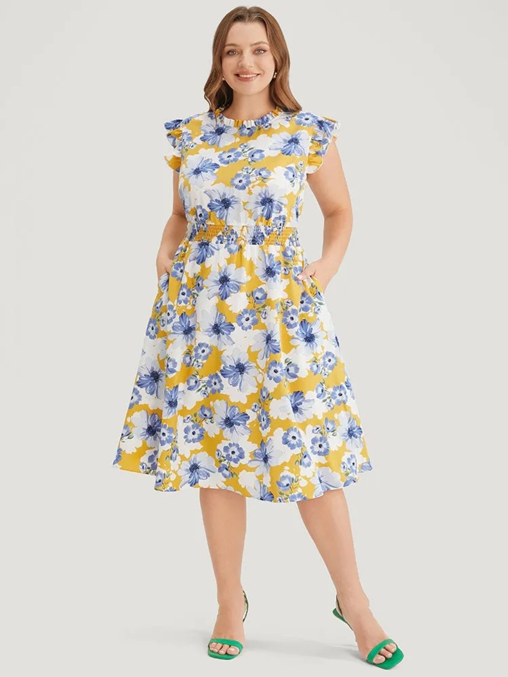 Bloomchic 28 Floral Ruffle Sleeve Midi Dress in Yellow and Blue